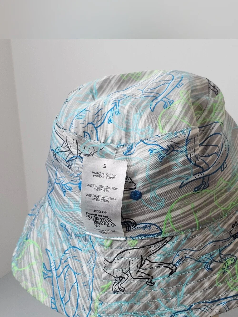 UV Skinz Kids Size 5 Reversible Bucket Hat UPF 50+ Sunwear Dinosaurs / Teal